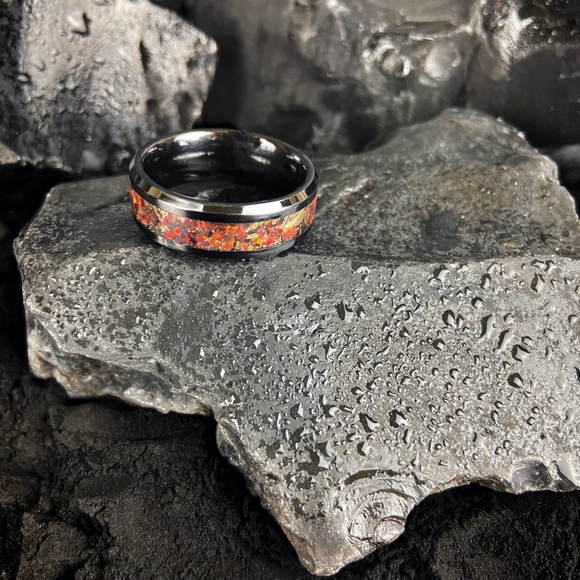 Fire Opal Inlay Black Wedding Band - Picture 1 of 5